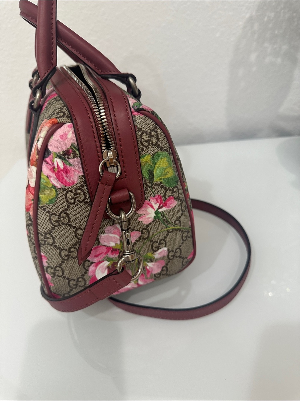Gucci GG Supreme Floral Mini Boston Bag in Pink and Burgundy - Picture 6 of 6
